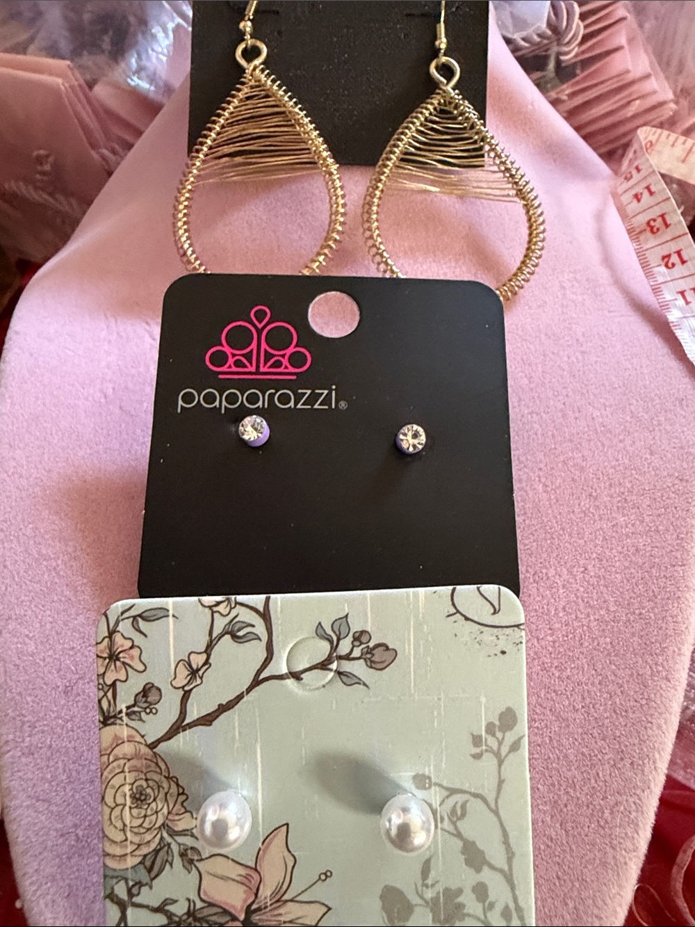 3 Pair Earrings- Teardrop Hook & Purple Stud & White Faux Pearl (J0241)